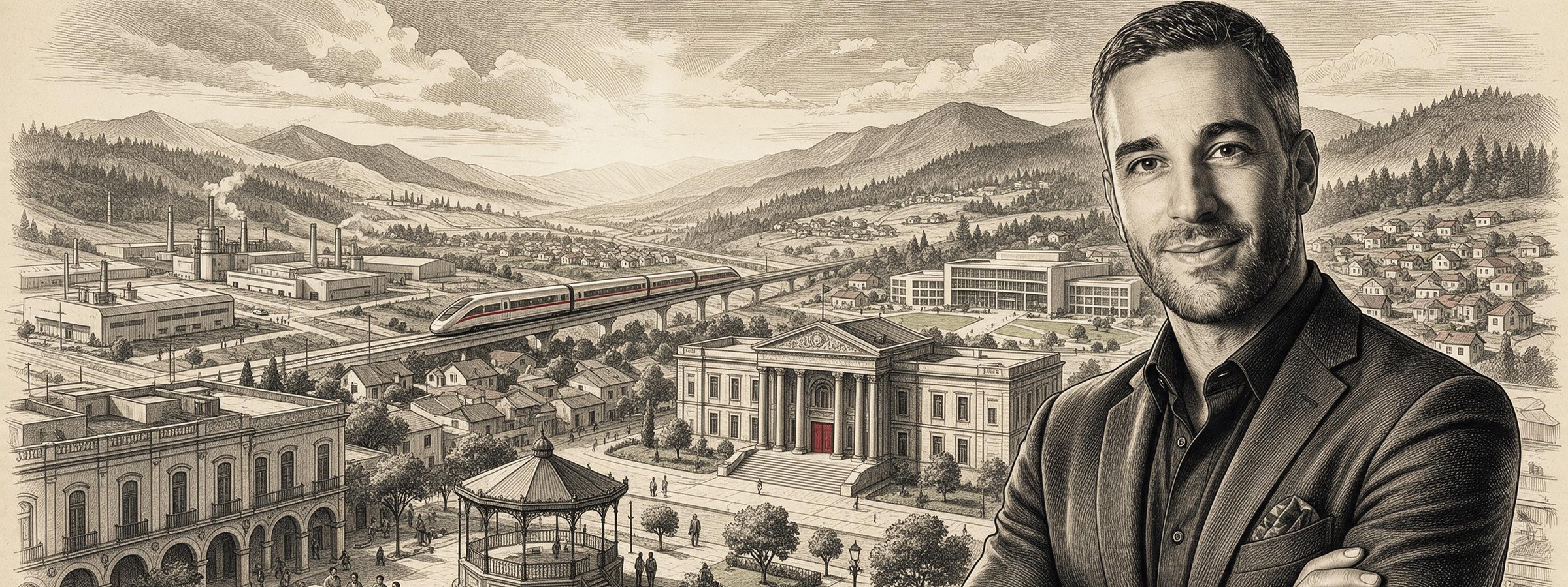Ilustración grabada: Simón Levy, con los brazos cruzados, frente a un México que funciona: un tribunal, fábricas, un tren de alta velocidad, una universidad, vivienda nueva y una plaza donde los vecinos deliberan